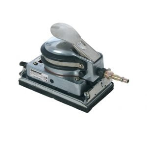Pneumatische Excentrische Vlakschuurmachine Silverline. De schuurmachine bestaat uit een gietaluminium frame met een rubberen handvat.